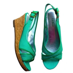 L.L. BEAN | Green Polka Dot Cork Wedge Heels Size 8